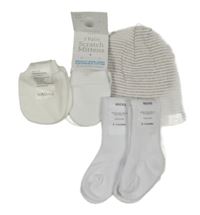 Nové - 5set - 2x bílé ponožky + 2x bílé rukavice + 1x pruhovaná čepice Primark