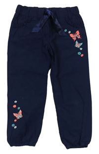 Tmavomodré cuff plátenné nohavice s motýlikmi a kvietkami Topolino