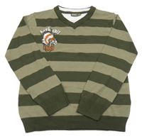 Tmavokhaki-khaki pruhovaný pletený sveter s indiánskou čelenkou a všitým trikem