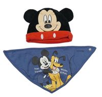 2Set - Černo-červená sametová čepice s Mickey + tmavomodrý šátek/slinták s Mickey a Plutem Disney
