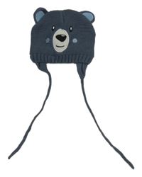 Tmavomodrošedá pletená zavazovací čepice - medvídek 