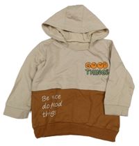 Béžovo-hnědá mikina s nápisy a kapucí 