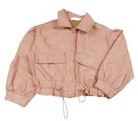 Pudrová koženková crop bunda s golierikom