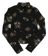 Čierny rebrovaný crop rolák s okuliarmi a logy - Harry Potter