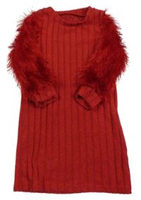 Červené melírované rebrované úpletové šaty s chlpatymi rukávy SHEIN
