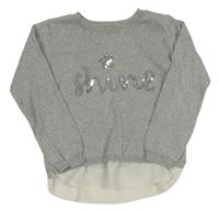 Sivý melírovaný sveter s nápisem z flitrů a trblietkami a šifónovým volánikom PRIMARK