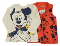 Nové - 2Set - Červená prošívaná tepláková zateplená vesta s Mickey + smetanové triko Disney