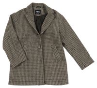 Béžovo-tmavohnědo-černý kostkovaný vlněný podšitý kabát ZARA