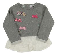 Sivá melírovaná mikina s mašľami a srdiečkami a bielým volánikom s bodkami F&F