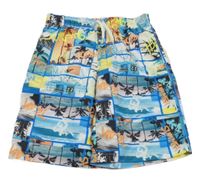 Barevno-cobaltově modré kostkované plážové kraťasy s palmami Charles Vögele