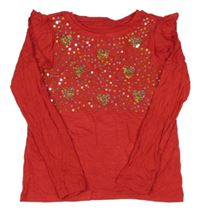 Červené triko se sdíčky z flitrů a volánky St. Bernard