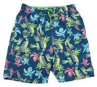 Petrolejové plážové kraťasy s papoušky a listy 