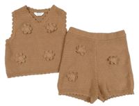 2Set - Hnědá svetrová crop vesta s 3D květy + kraťasy PRIMARK