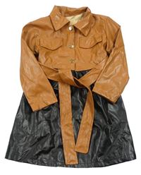 Čierno-skořicové koženkové šaty s opaskom