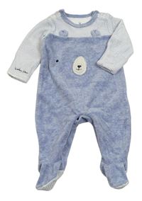 Modro-bílý sametový overal s medvědem a pruhy Mothercare