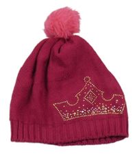 Fuchsiová pletená čepice s korunkou z kamínků a bambulí Disney