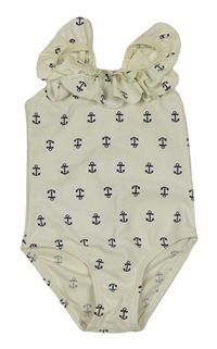 Smotanové jednodielne plavky s kotvami a volánem