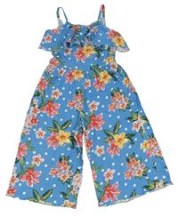 Modro-farebný květovaný/puntíkatý ľahký culottes overal Zara