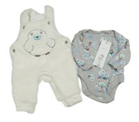 Nové - 2 set - sivé body s obrázky + biele huňaté na traké tepláky s výšivkou F&F