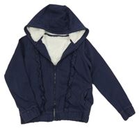 Tmavomodrá propínací zateplená mikina s volánky a kapucí Nutmeg