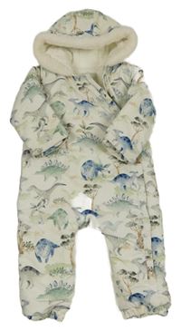 Smetanovo-zelená šusťáková zimní kombinéza s dinosaury a kapucí Tu