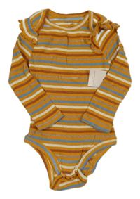 Nové - okrovo-bielo-modré pruhované body s volánikmi