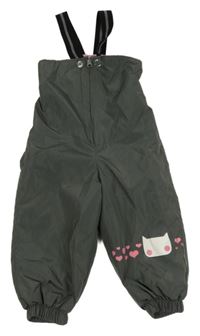 Tmavošedé šusťákové zateplené kalhoty s kšandami s kočkou 