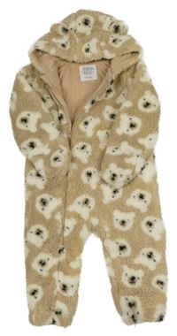 Béžovo-bílá huňatá podšitá kombinéza s medvědy a kapucí F&F
