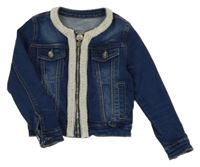 Tmavomodrá crop rifľová bunda s perličkami