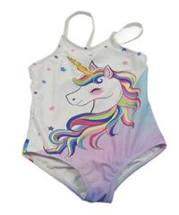 Bílo-barevné jednodílné plavky s jednorožcem 