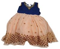 Tmavomodro-marhuľové šaty s výšivkami a kamienkami a opaskom