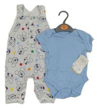 Nové - 2 set - světlemodré body + šedé melírované laclové tepláky s Mickeym Primark