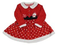 Červené zamatové šaty s puntíkatou sukní a tučňákem