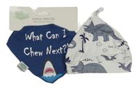 Nové - 2set - Bílá čepice s diny + tmavomodrý slinták s nápisem a žralokem 