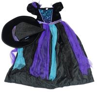 Kostým - Černo-fialvo-tyrkysové sametovo/tylové šaty + klobouk - Čarodějnice Tu