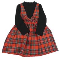 Čierno-červeno-zelené rebrované šaty s kostkovanou sukní a mašlou