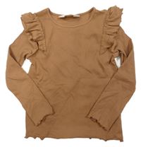 Hnědé žebrované triko s volánky H&M