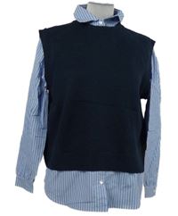 Dámská tmavomodrá svetrová vesta s všitou proužkovanou halenkovou vsadkou Primark 