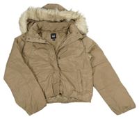 Béžová šusťáková zimní crop bunda s kapucí New Look