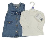 Nové - 3 set - modré riflové šaty + bílé triko + bílé punčocháče Nutmeg