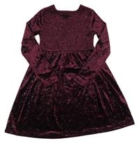 Vínové trblietavé zamatové šaty so žabičkováním Dunnes