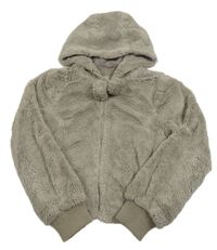 Šedobéžová kožušinová podšitá crop bunda s bambulemi a kapucňou New Look