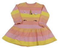 Růžovo-žluto-meruňkové pruhované teplákové šaty s jednorožcem F&F