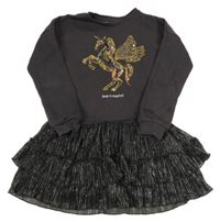 Tmavosivé teplákové šaty s jednorožcom a třpytivou sukní F&F