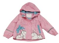 Svetloružová nepromokavá jarná bunda s jednorožcami a kapucňou