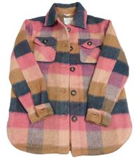 Ružovo-sivo-béžová kockovaná flanelová košeľová bunda Primark