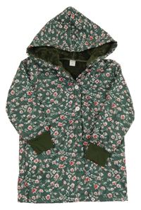 Tmavozelená šušťáková zateplená bunda s kvietkami a kapucňou Shein