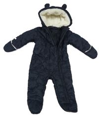 Tmavomodrá šusťáková zimní kombinéza s výšivkou a kapucí 