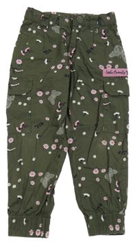 Khaki plátenné cargo cuff nohavice s kvietkami Kids