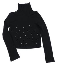 Černé žebrované crop triko s kamínky a rolákem River Island